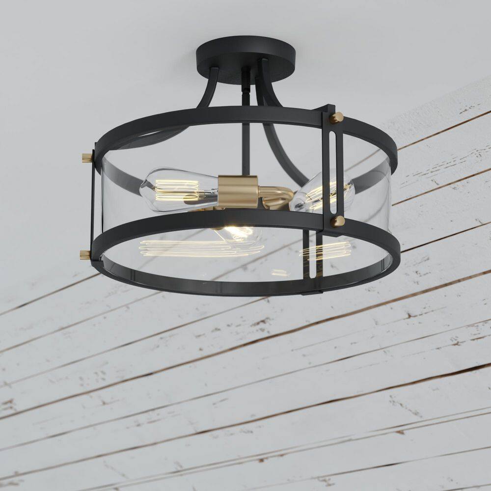 Holbrook 15.75" Matte Black & Satin Brass Drum Semi-Flush Mount with Clear Seeded Glass