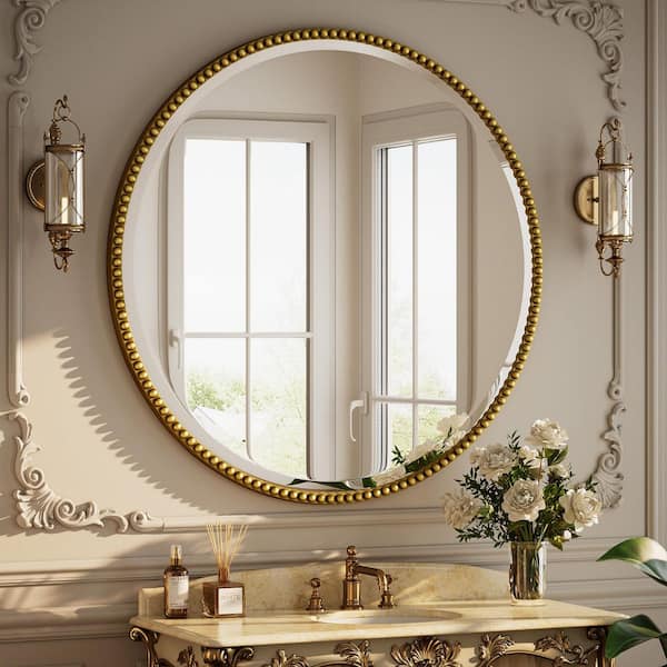Antique Gold 36 in. W x 36 in. H Round With Decoration Vanity Wall Mirror Polyurethane Framed Mirror
