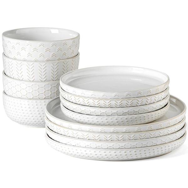 12-Piece Vintage White Ceramic Dinnerware Set Service for 4, Farmhouse Style, Scratch Resistant & Dishwasher Safe