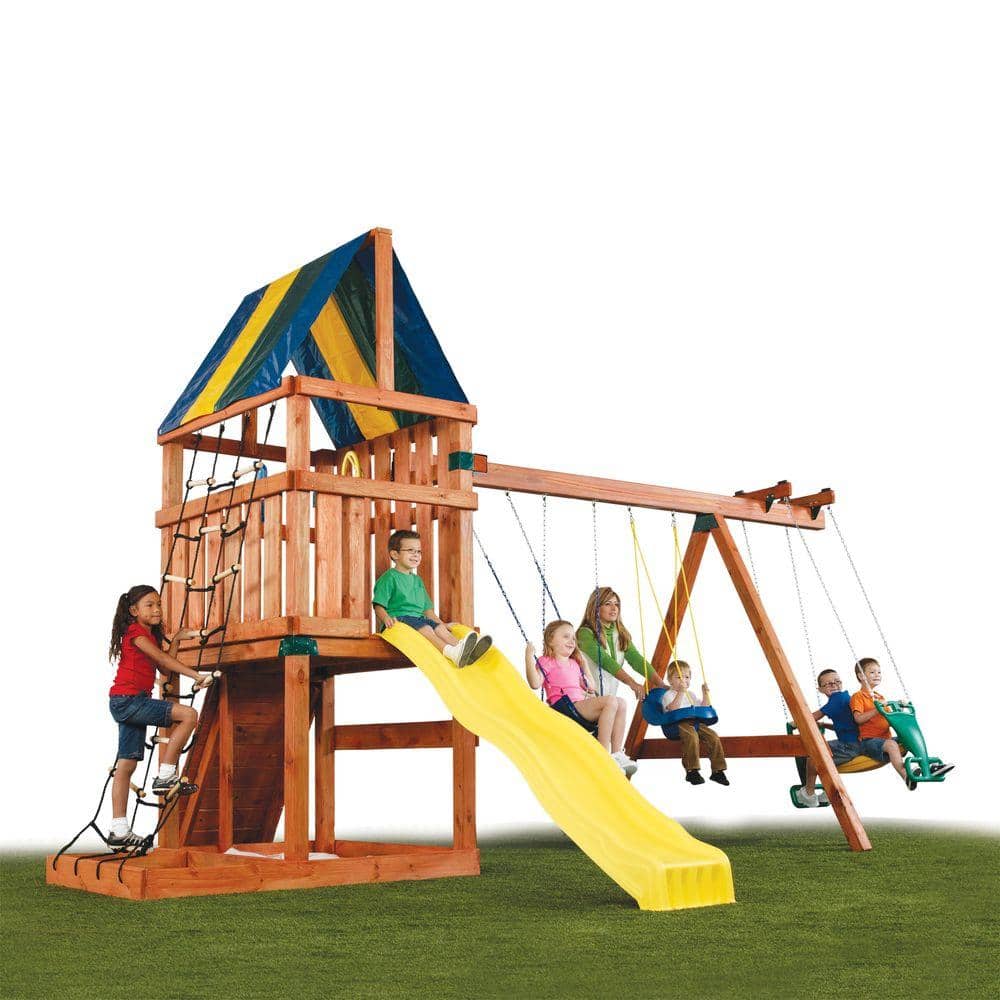 Wooden Playground System with Slide, Swing, and Fort
