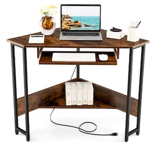 28.5 in. Triangle Corner Brown Steel Computer Desk Small Space Study Desk Home Office with Keyboard Tray