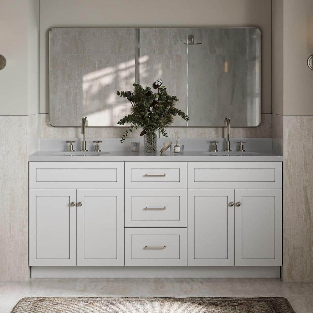 Hamlet 73 in. W x 22 in. D x 36 in. H Bath Vanity in White with Pure White Quartz Top -  ARIEL, F073D-WQ-VO-WHT