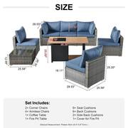 Daffodil B Gray 8-Piece Wicker Patio Storage Fire Pit Conversation Sofa Set with Denim Blue Cushions