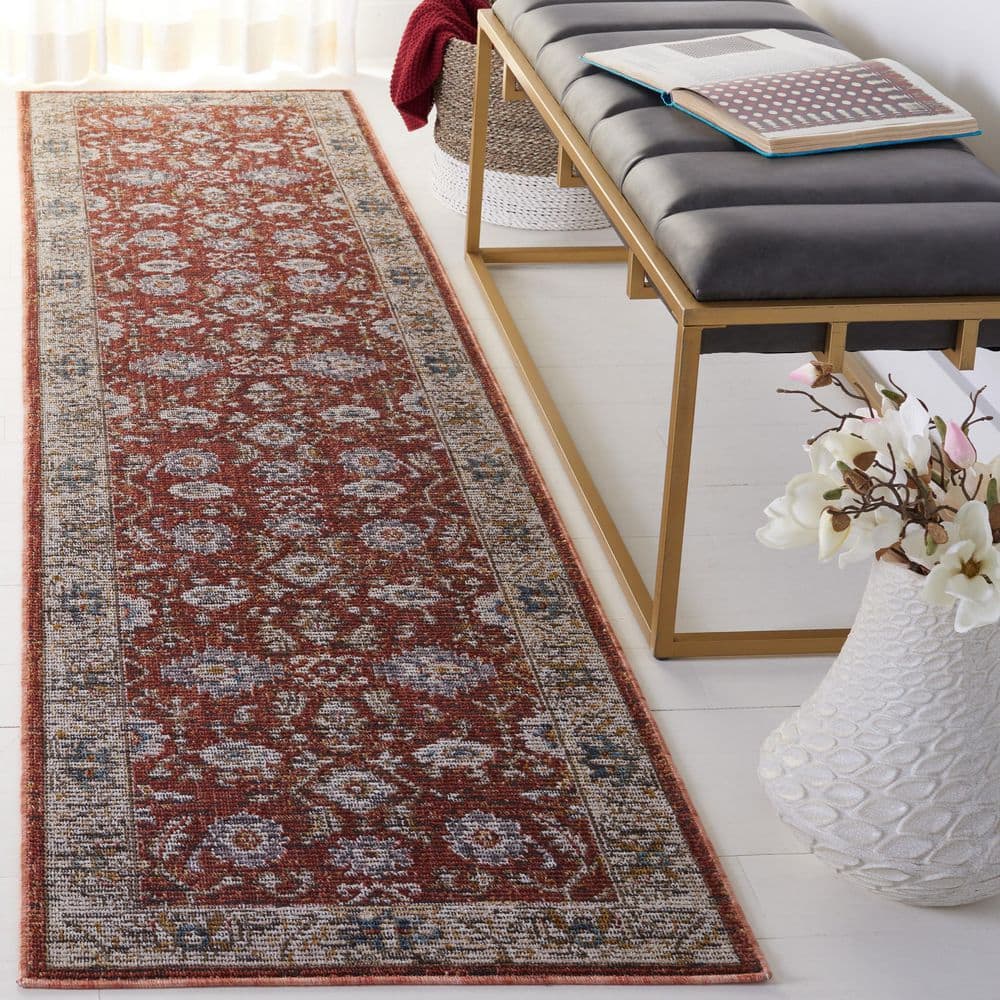 SAFAVIEH Sierra 2 ft. x 9 ft. Ivory/Rust Distressed Ornate Border ...