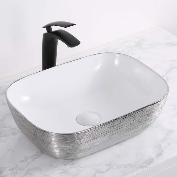 Pietra 20 in. Vessel Bathroom Sink in White and Silver Porcelain
