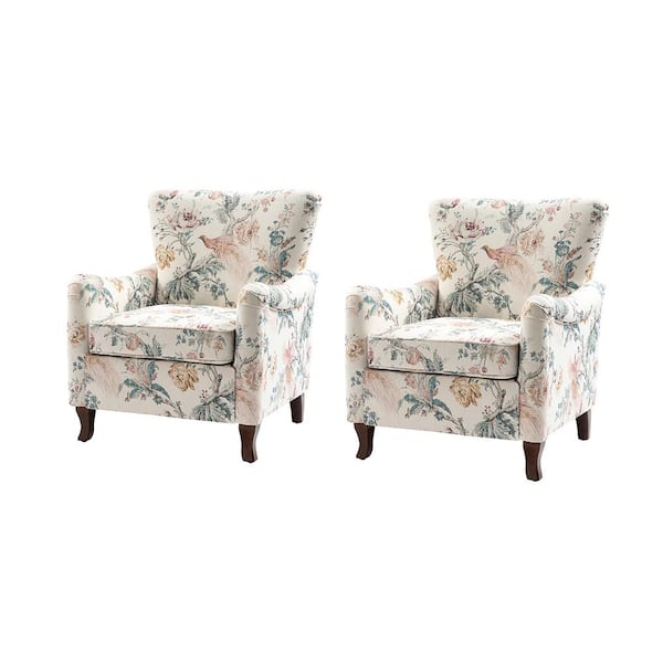 JAYDEN CREATION Vincent Bird Floral Fabric Pattern Wingback Armchair with Solid Wood Legs (Set of 2)