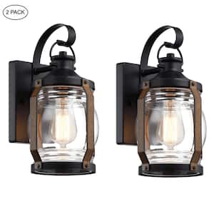 Retro 11.8 in.1-Light Matte Black and Barnwood Accents Outdoor Wall Lantern Sconce with Clear Glass（2-Pack）