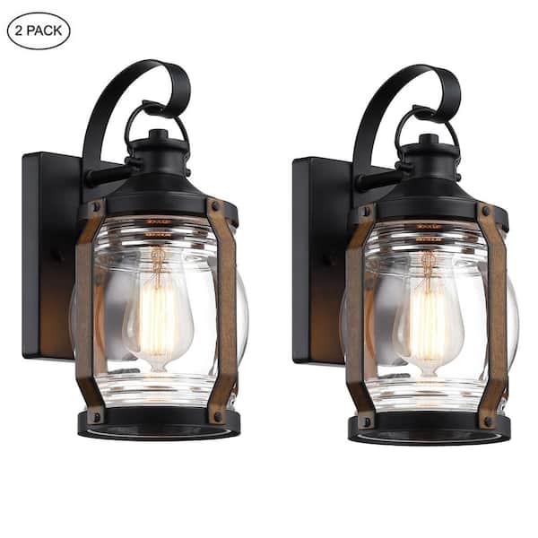 Hukoro Retro 11.8 in.1-Light Matte Black and Barnwood Accents Outdoor Wall Lantern Sconce with Clear Glass（2-Pack）