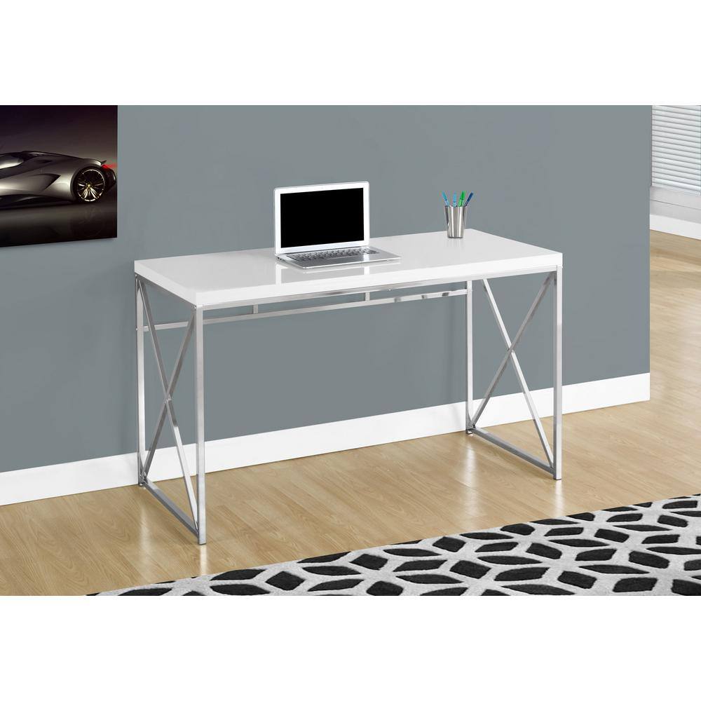 Compact Glossy White Corner Desk with Chrome X-Design Base and Drawer