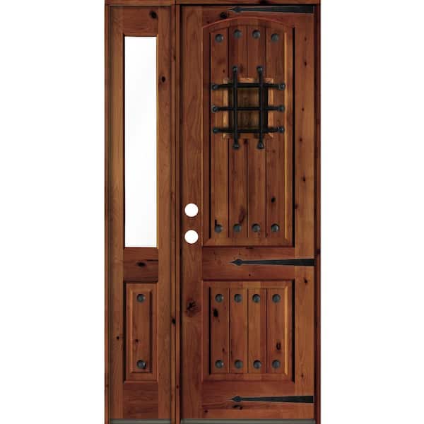 Krosswood Doors 44 in. x 96 in. Mediterranean Knotty Alder Right-Hand/Inswing Clear Glass Red Chestnut Stain Wood Prehung Front Door
