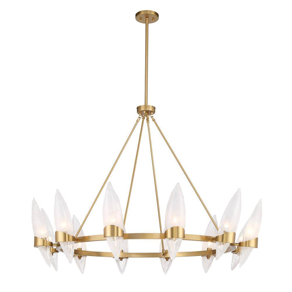 Warm Brass 12-Light Chandelier with Handmade Strie Glass Shades