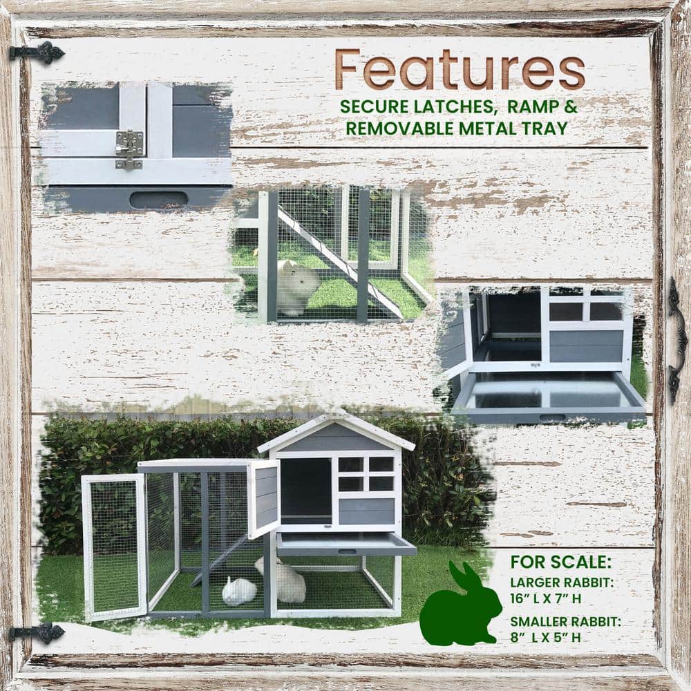 Gray and White Wooden Rabbit Hutch with Wire Mesh Run