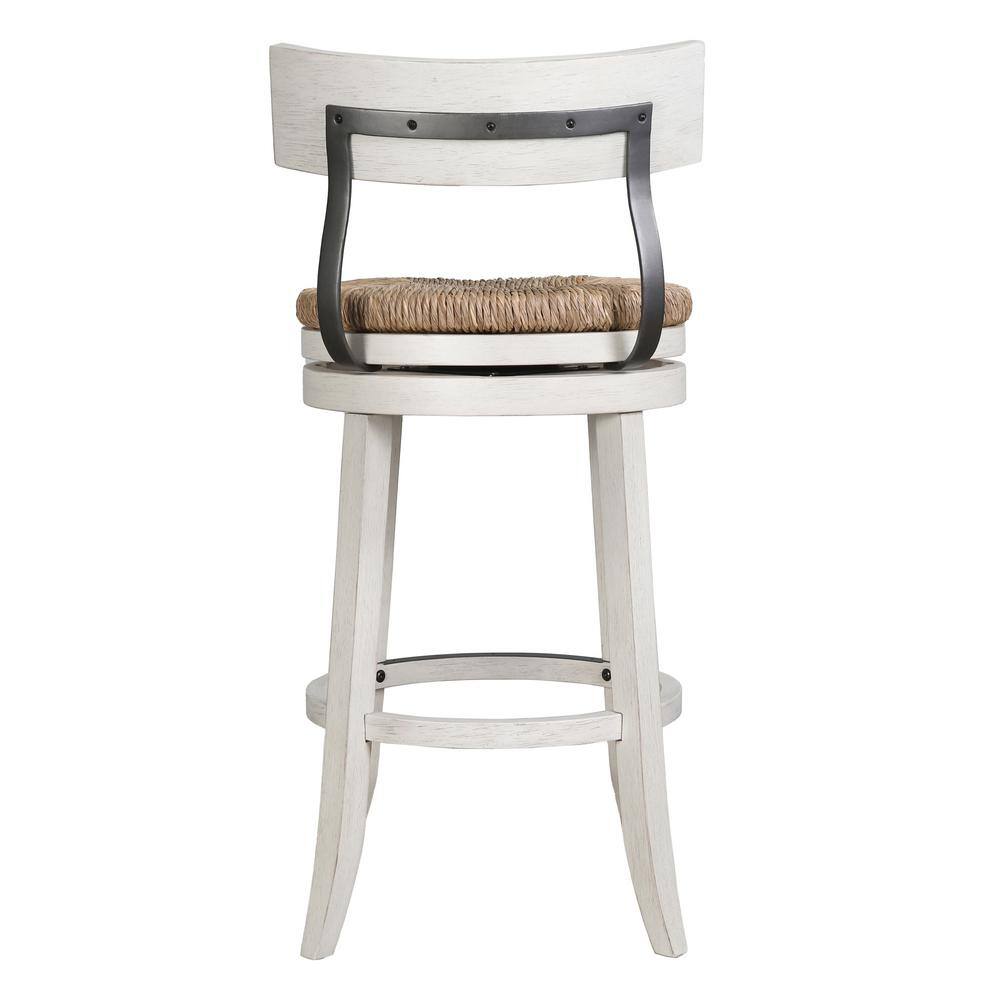 Farmhouse Reclaimed White Wood Bar Stool with Natural Seagrass Seat