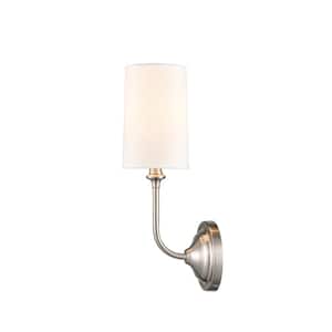 Giselle 1-Light Brushed Satin Nickel Wall Sconce with Off-White Cotton Fabric Shade