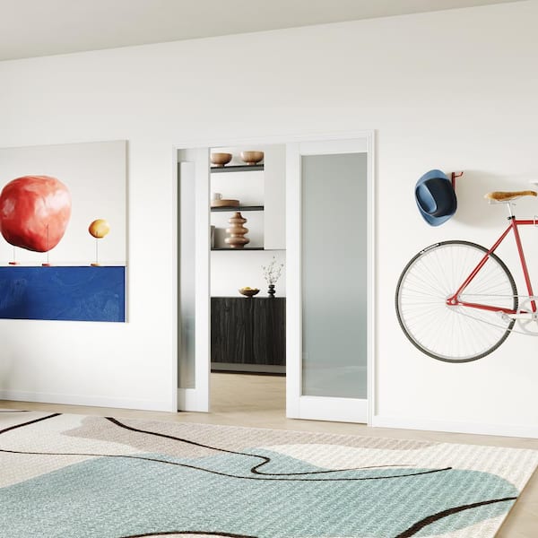 60in x 80in (Double 30 in. W Doors) 1 Lite Tempered Frosted Panel MDF, White Primed Pocket Door Frame, Hardware Included