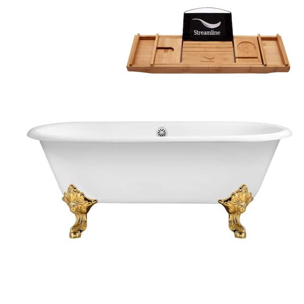 Streamline 69 in. Cast Iron Clawfoot Non-Whirlpool Bathtub in Glossy White with Glossy White Drain and Polished Gold Clawfeet