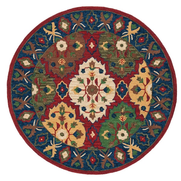 Heritage 6 ft. x 6 ft. Red/Blue Border Quatrefoil Round Area Rug