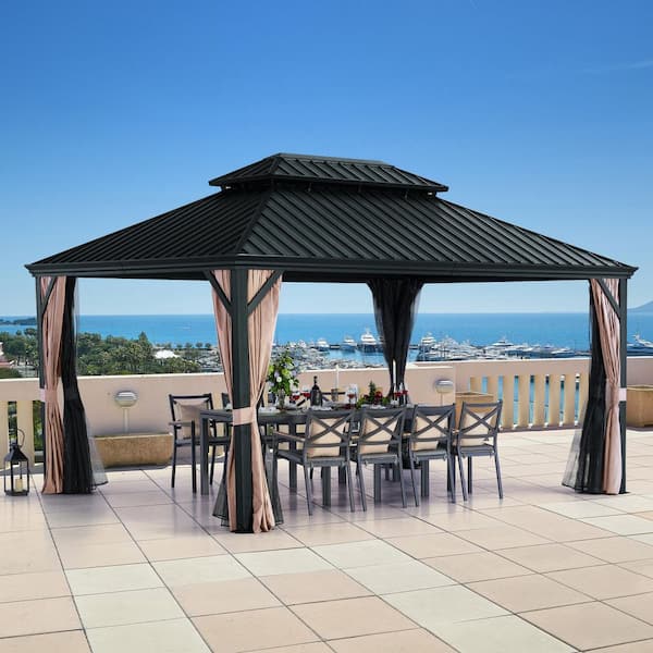 12 ft. x 16 ft. Dark Gray Aluminum Hardtop Gazebo with Double Roof Canopy, Beige Curtains and Netting