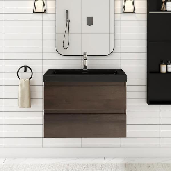 36 in. W x 19.5 in. D x 20.5 in. H Wall-Mounted Bath Vanity in Grey Oak with Black Quartz Top
