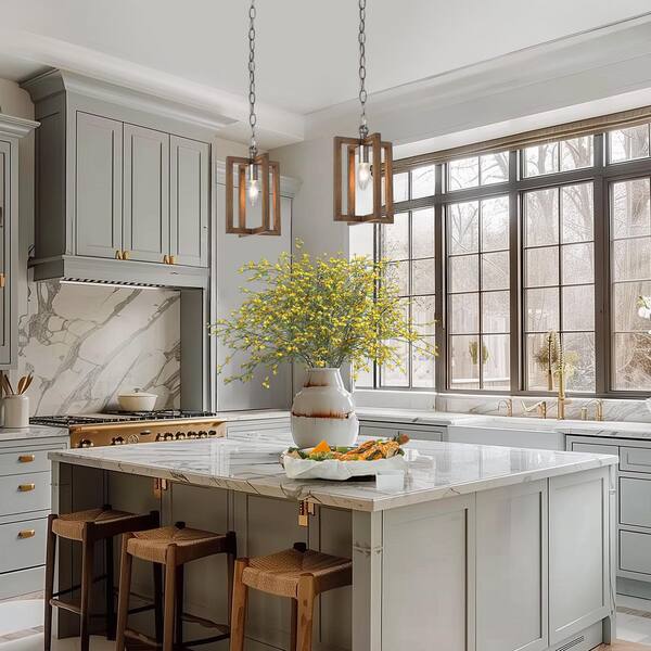 Modern Farmhouse 1-Light Brushed Silver Island Pendant with Brown Faux Wood Metal Cage Hanging Lantern for Foyer Hallway