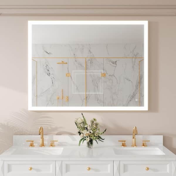48 in. W x 36 in. H Rectangular Aluminum Framed Anti-Fog Dimmable Light Wall Mounted LED Bathroom Vanity Mirror in Gold