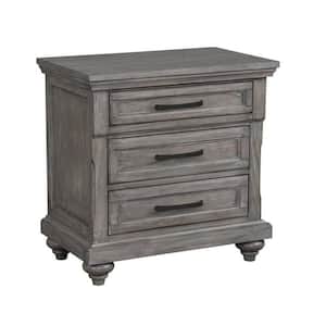 Transitional 18 in. Oak Gray and Silver 3-Drawers Wooden Nightstand