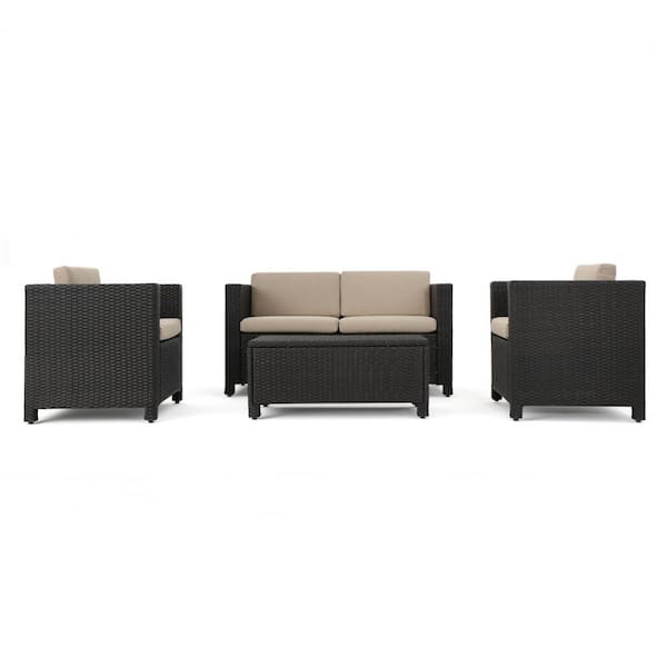 Sudzendf Dark Brown 4-Piece Faux Rattan Outdoor Metal Patio Conversation Set with Beige Cushions