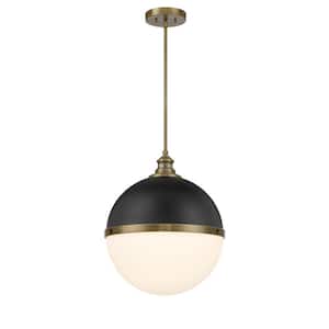 Vorey 100-Watt 1-Light Black and Oxidized Aged Brass Shaded Pendant Light with Etched Opal Glass Shade No Bulbs Included