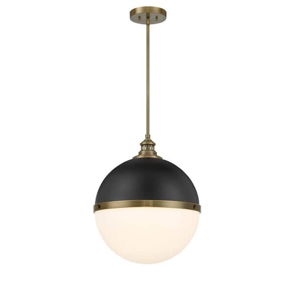 Minka Lavery Vorey 100-Watt 1-Light Black and Oxidized Aged Brass Shaded Pendant Light with Etched Opal Glass Shade No Bulbs Included