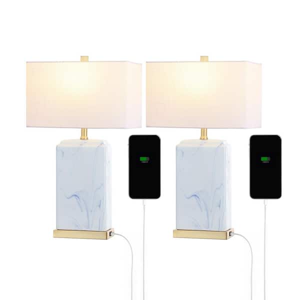 JONATHAN Y Chloe 24.5 in. Coastal Iron/Marbled Ceramic LED Table Lamp Set with USB Port and Linen Shade, Blue/White (Set of 2)
