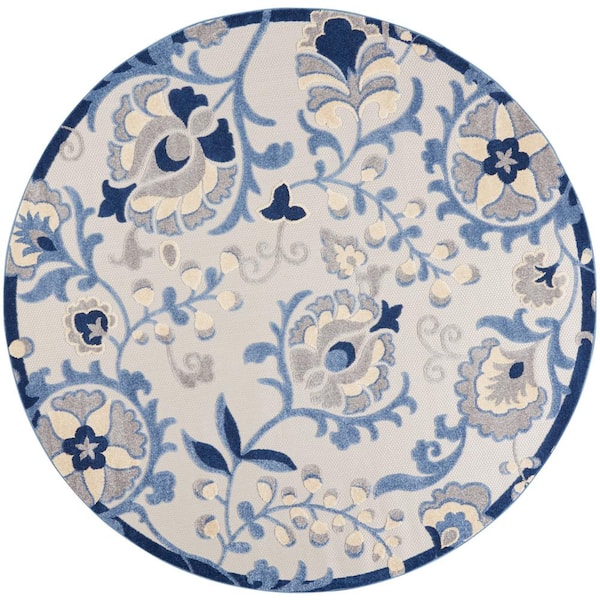 Nourison Aloha Blue/Gray 8 ft. x 8 ft. Round Floral Contemporary Indoor/Outdoor Patio Area Rug