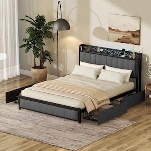 Dark Gray Metal Frame Queen Size Linen Upholstered Platform Bed with LED Headboard, 4-Drawer, USB Ports, Pegboard
