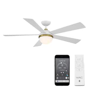 54 in. Satin LED Brass Matte White Eclipse Indoor and Outdoor 5-Blade Smart Ceiling Fan with 3000K Light Kit and Remote