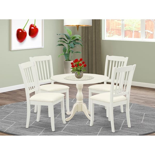 East West Furniture 5-Piece Linen White Finish Solid Wood Top Dining table with 4 Chairs with Drop Leaf Slat Back