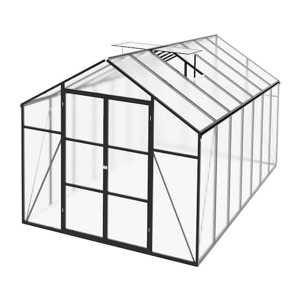 8x14 FT Heavy-Duty Aluminum Frame Polycarbonate Walk-In Greenhouse with Raised Base, Drainage & UV Protection