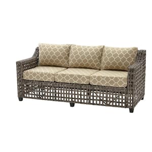 Briar Ridge Brown Wicker Outdoor Patio Sofa with CushionGuard Toffee Trellis Tan Cushions