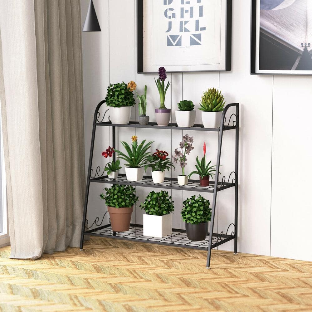 Black Steel 3-Tier Plant Stand with Adjustable Footpads