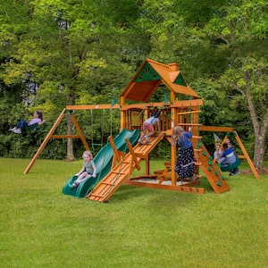 Frontier Wooden Outdoor Playset with Tire Swing, Wave Slide, Rock Wall, Sandbox, and Backyard Swing Set Accessories