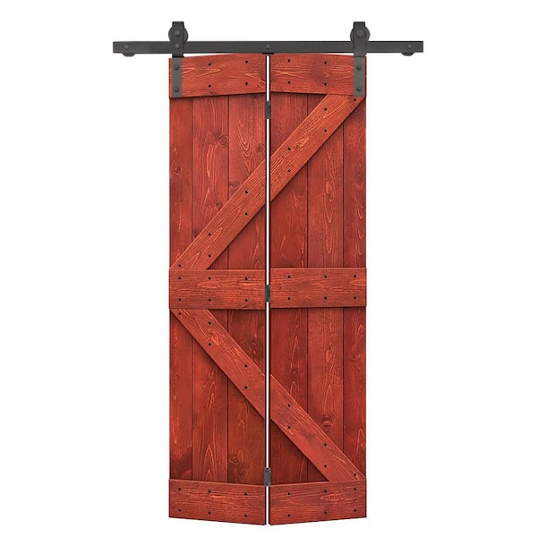 CALHOME 26 in. x 84 in. K Series Solid Core Cherry Red Stained DIY Wood Bi-Fold Barn Door with Sliding Hardware Kit