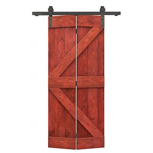 30 in. x 84 in. K-Series Cherry Red Stained DIY Wood Bi-Fold Barn Door with Sliding Hardware Kit