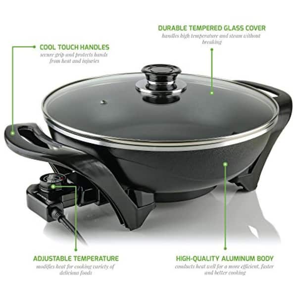 Ovente 13 In Black Non Stick Electric Skillet With Aluminum Body Adjustable Temperature Controller Tempered Glass Cover Sk3113b The Home Depot