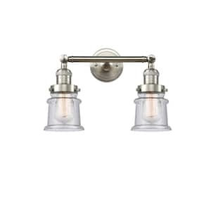 Small Canton 16.5 in. 2-Light Brushed Satin Nickel Vanity Light with Seedy Glass Shade