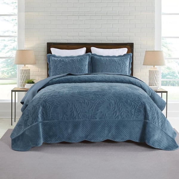 MarCielo BYV310 Elegant Blue Leaf and Vines Queen Size Polyester Velvet Quilt Bedspread Set