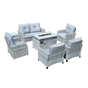Betty 7-Piece Wicker Patio Fire Pit Conversation Set with Gray Cushions and Swivel Rocking Chairs