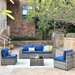 Crater Gray 6-Piece Wicker Wide-Plus Arm Outdoor Patio Conversation Sofa Set with Navy Blue Cushions