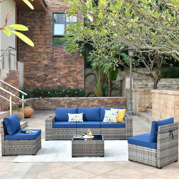 HOOOWOOO Crater Gray 6-Piece Wicker Wide-Plus Arm Outdoor Patio Conversation Sofa Set with Navy Blue Cushions
