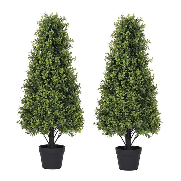 poetree 3 ft. Artificial Boxwood Cone Topiary Tree in Pot 2-Pack