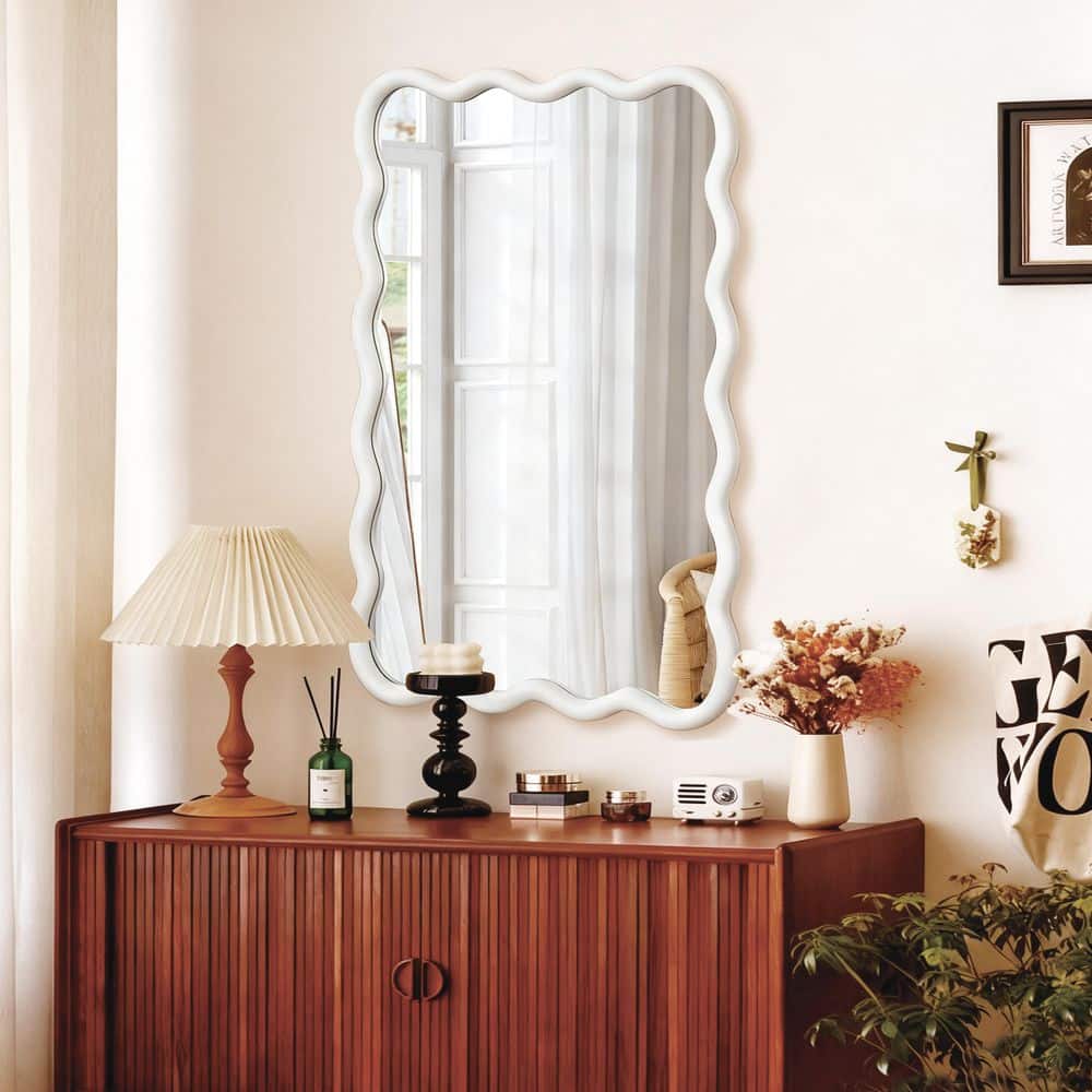30 in. W x 40 in. H Wavy Rectangle Solid Wood Framed Bathroom Mirror Wall Mirror in White