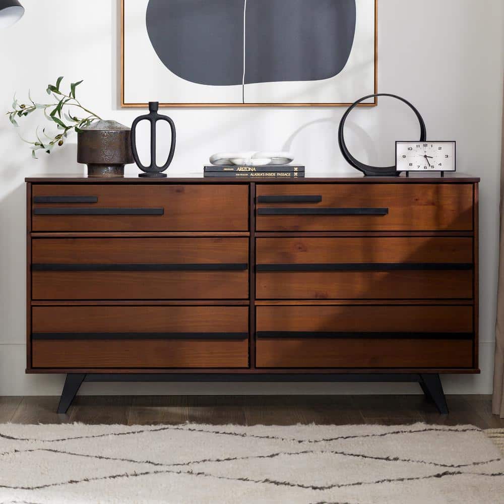 Walnut Mid-Century Modern 60" Solid Wood 6-Drawer Dresser