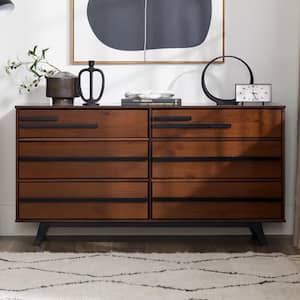 Modern Two-Tone Accented Walnut 6 Drawer 60 in. Solid Wood Dresser